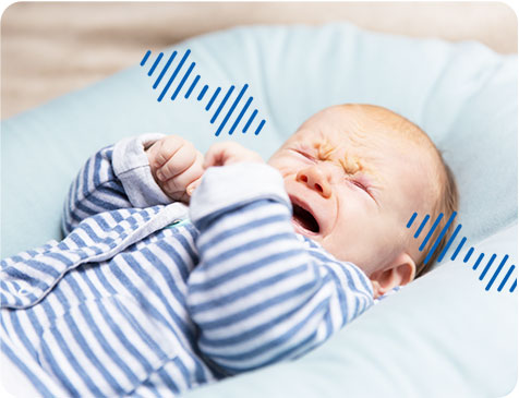 A child is crying with a sound wave curve next to it