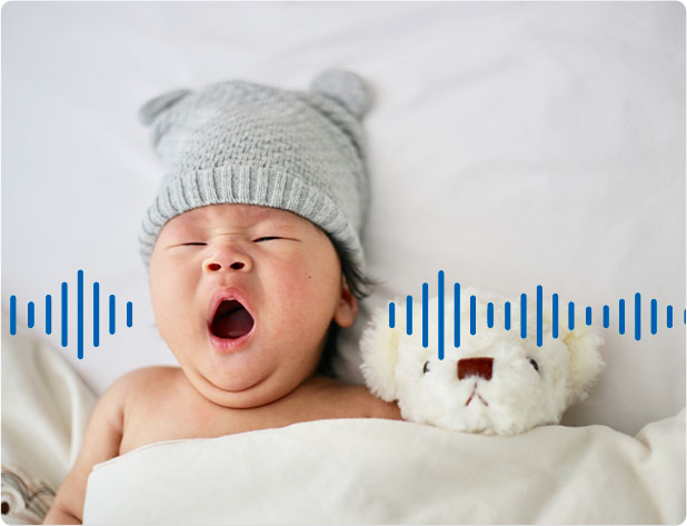 A child is crying with a sound wave curve next to it