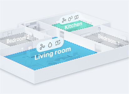 A map of a house with a living room, two bedrooms and a kitchen