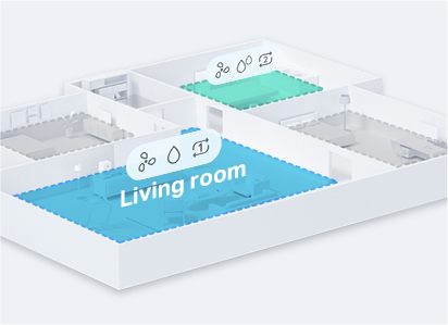 A map of a house with a living room, two bedrooms and a kitchen