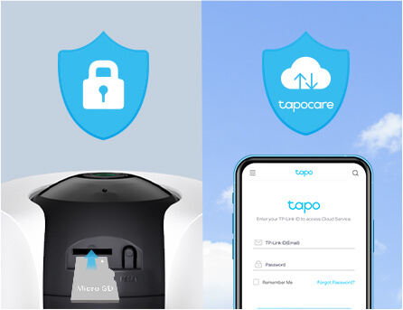 The Tapo-C225's MicroSD card interface and the tapocare app is displayed on the phone