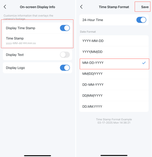 The Time Stamp is on the ON-screen Display Info page and all types of Time Stamp Format are on the Time Stamp Format page.