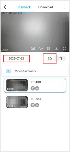 Display the cloud video button and date choose button.