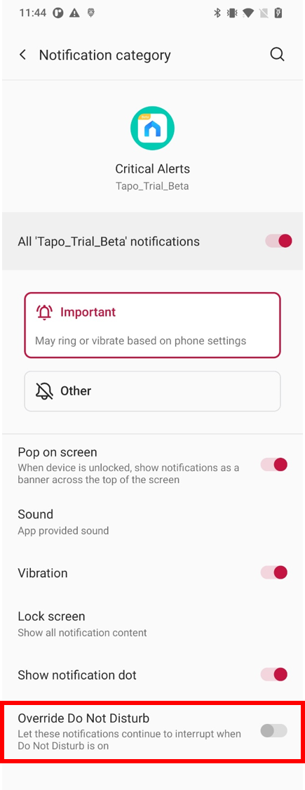 Display the position of Override Do Not Disturb.