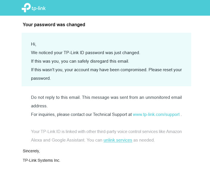 Screenshot of successfully changing TP-Link account password and how to unlink the Third-Party service.