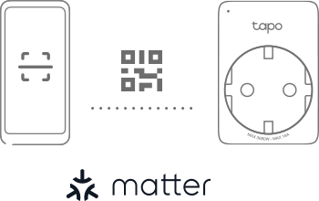 a phone, a code on the smart plug, the Matter logo